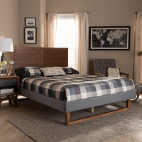 Baxton Studio Gabriela-Dark Grey/Ash Walnut-Queen Gabriela Rustic Modern Dark Grey Fabric Upholstered and Ash Walnut Brown Finished Wood Queen Size Platform Bed